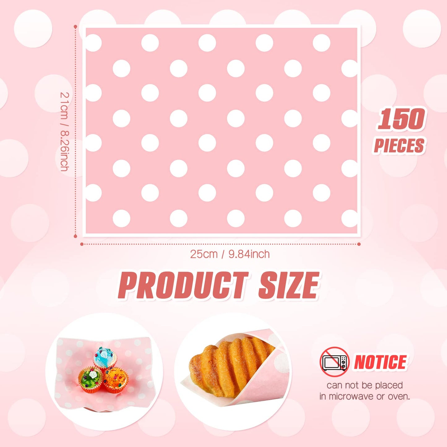 Gersoniel 150pcs Wax Paper Sheet for Food Dot Printed Bakery Tissue Greaseproof Disposable Wrapping Paper for Sandwich Food Picnic Baskets Liner Wedding Birthday Party Supplies(Pink,9.84x8.27'')
