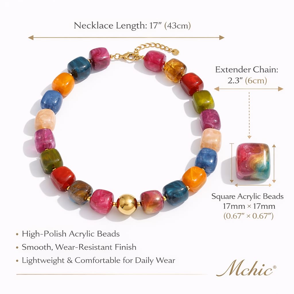 Mchic Colorful Beaded Choker Necklace for Women: Adjustable Boho Chunky Colorful Beads Strand Necklace Acrylic Square Bead Jewelry Summer Beach Vibe Handmade Stainless Steel Necklace Gift