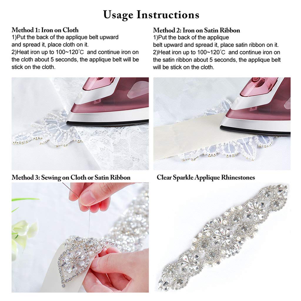 DUOBAO 2PCS Rhinestone Pearl Bead Iridescent Gold Applique Belt Bridal Accessories Crystal Trim Rhinestones Beaded Appliques Wedding Dress Sash Belts Headband DIY