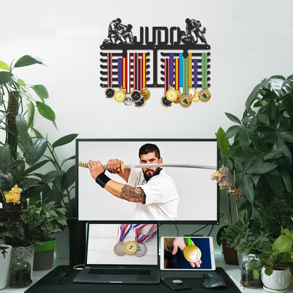 SUPERDANT Judo Medal Hanger Display Sports Medal Holder 6 Rows Wall Mount Judo Medals Hanging Hook Black Metal Display Rack Hangers Iron Race Ribbon Award Organizer for Athletes Player