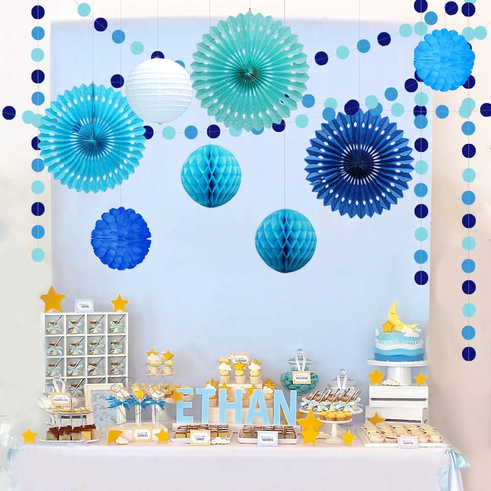 Decor365 Blue Birthday Party Decorations Kit Paper Fans Pom Poms Circle Dot Garlands Ocean Theme Hanging Decor Under the Sea Beach Baby Shower Wedding Classroom Summer Anniversary Kids Room