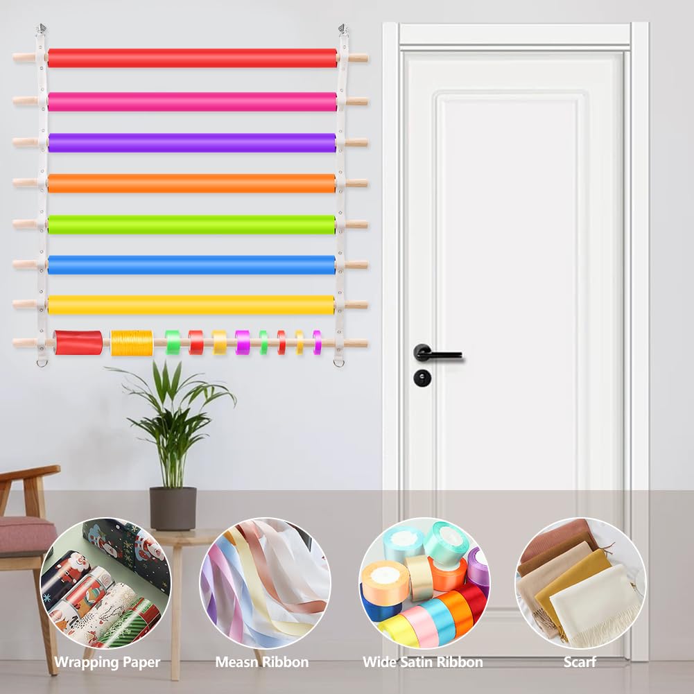 COZFUR Wooden Ribbon Holder Organizer Rack, 8 Tier Wall Mounted Gift Wrapping Holder, Ribbon Spool Dispenser for Craft Room, Flower Shop