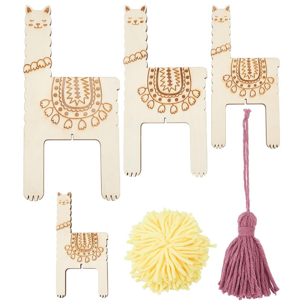 ORIGACH 4 Pcs 3 in 1 Wooden Llama Pom Poms and Tassel Maker -Knitting Tool -Loom Fluff Ball Making Knitting Craft Tool for Tassel Lace Knot Weaving Handicrafts