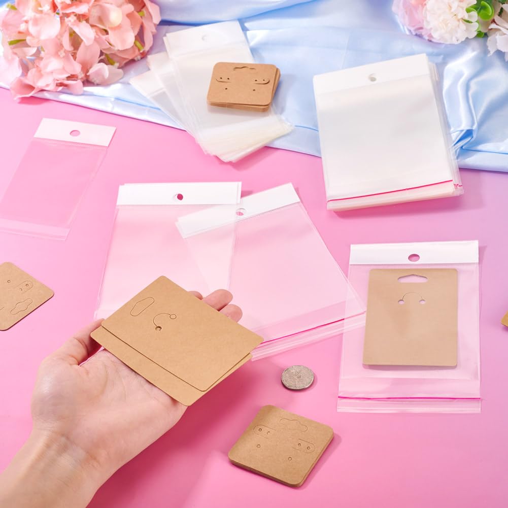 Handship 100Pcs Jewelry Display Cards with 100Pcs Clear Plastic Bags Square Paper Earring Necklace Card Holder Rectangle Keychain Display Cards for Selling Jewelry Packaging Supplies, BurlyWood