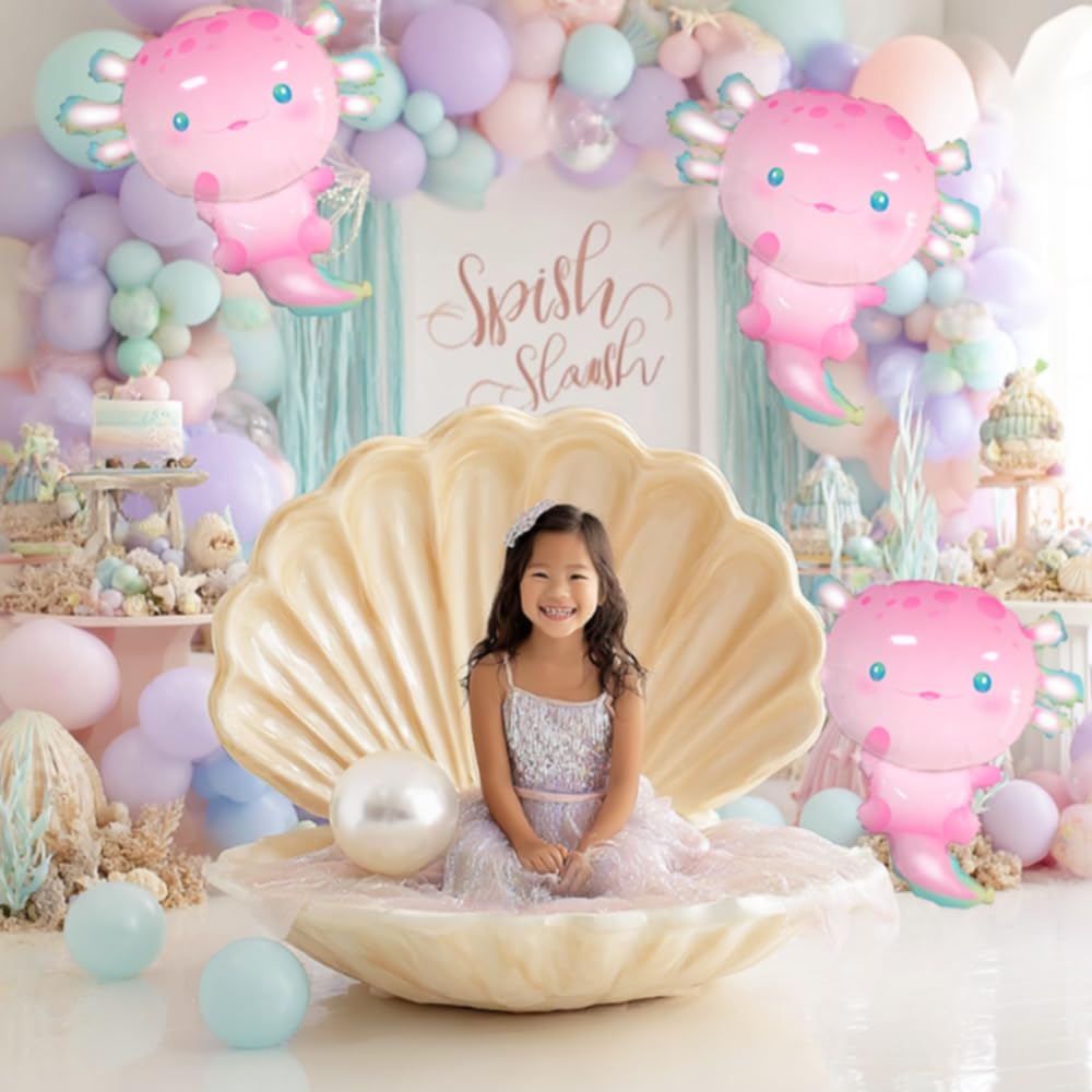 Pink Axolotl Foil Balloons Bubble Shell Starfish Banner Inflatable Axolotl Birthday Party Decorations Underwater Animal Summer Beach Themed Party Decor Favor for Baby Shower Party Decorations Supplies