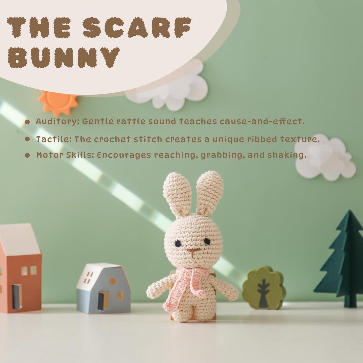 Moyii Handmade Crochet Bunny Baby Rattle - Soft Cotton Amigurumi Sensory Shaker Toy for Newborns & Infants - Easy Grip Lovey Sleep Toy & Neutral Nursery Decor Shower Gift