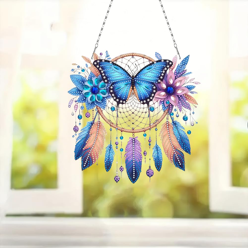 Sulunmo Diamond Art Hanging Kit, Diamonds Art Painting Pendant for Adults, DIY Gem Painting Board Kit for Window Door(Butterfly Dream Catcher-282)