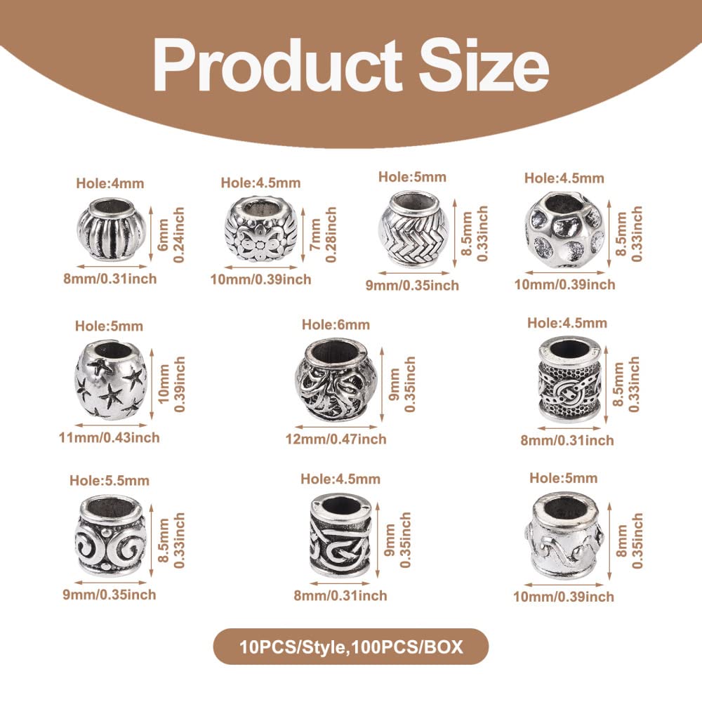 Craftdady 100pcs Antique Silver Barrel European Beads Tibetan Metal Drum Loose Beads Large Hole Rondelle Column Spacer Beads with Wavy Pattern for Jewelry Making Hole: 4-6mm