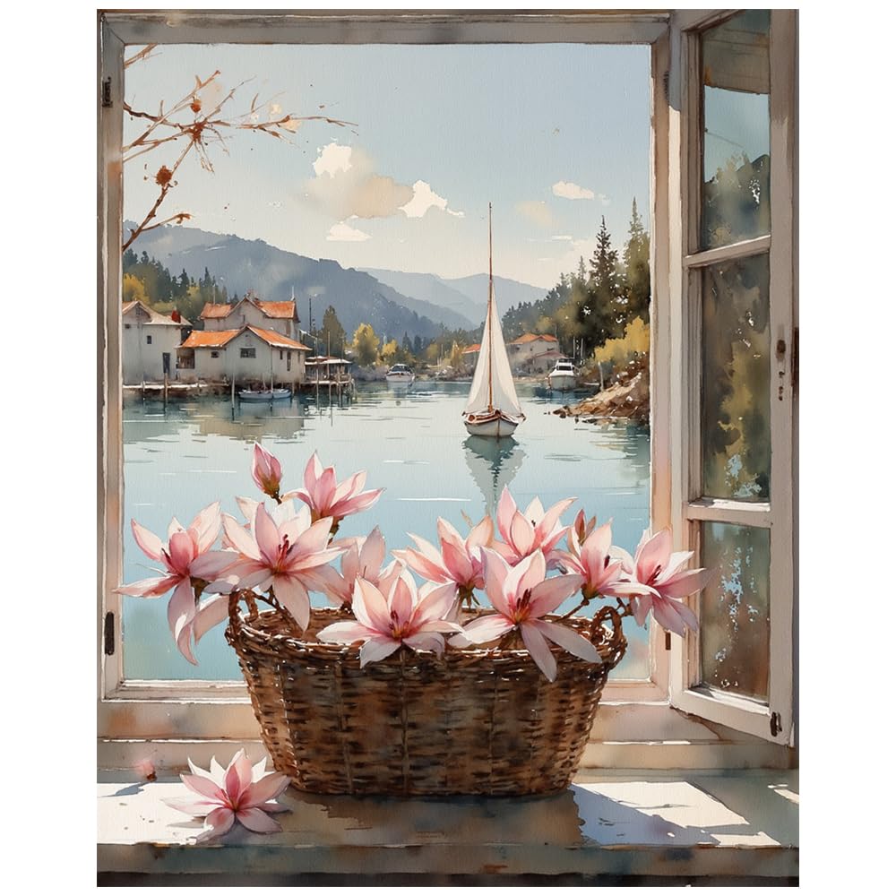 EnLvYY Paint by Numbers Kit for Adults 16x20in, (Unframed) DIY Acrylic Painting on Canvas, Flower Basket and Sailboat Lake View Through Window, Beginner Landscape Wall Art for Home Decoration or Gift