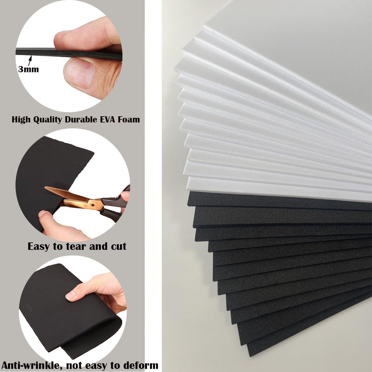 BLOSSIONA 24pcs 3mm Embroidery Foam Sheets for 3D Embroidery Arts and Crafts 9x6 Inch EVA Foam for Cosplay Costumes DIY Projects 3D Puff Foam Embroidery for Hats (Black&White)