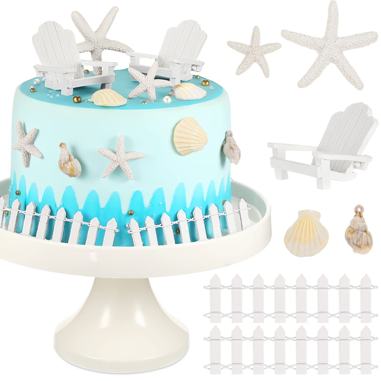 Qunclay 27 Pcs Hawaiian Beach Cake Topper Decorations Adirondack Chair Cake Topper Summer Mini Pool Seashell Decorations Mini Doll Furniture for Wedding Birthday Engagement Baby Shower Luau Party