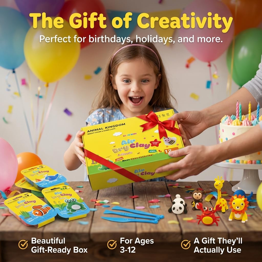 Obvio Home Air Dry Clay for Kids - 12 Animal Designs Modeling Clay Kit - Model Sculpting Set, Ultra Soft Safe & Non-Sticky | DIY Crafts, School Projects & Party Favors for Boys & Girls