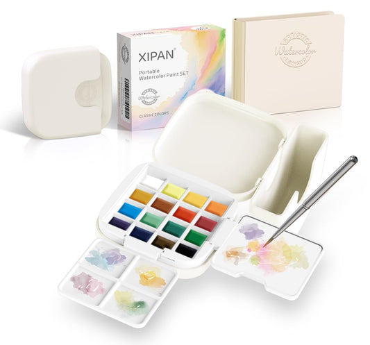 XIPAN Mini Watercolor Paint Set - Compact Travel Art Kit with 16 Colors,Detail Paint Brush, Palette & Watercolor Sketchbook - Pocket Travel Watercolor Set, Painting Sets, Art Supplies - Classic Colors