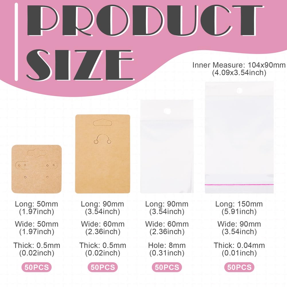 Handship 100Pcs Jewelry Display Cards with 100Pcs Clear Plastic Bags Square Paper Earring Necklace Card Holder Rectangle Keychain Display Cards for Selling Jewelry Packaging Supplies, BurlyWood