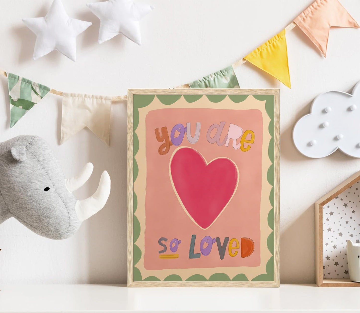 Nursery OAK Framed Wall Art You Are So Loved Canvas Wall Art Hand Drawn Cute Pink Kids Prints Watercolour Alphabet Pictures Playroom Decor for Children Bedroom 12x16