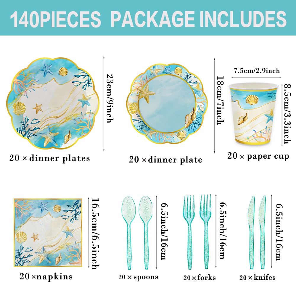 JLCFUTURE 140Pcs Beach Party Decorations Shells Ocean Plates and Napkins Summer Baby Shower Beach Birthday Party Supplies Coastal Paper Plates, Serve for 20 Guest