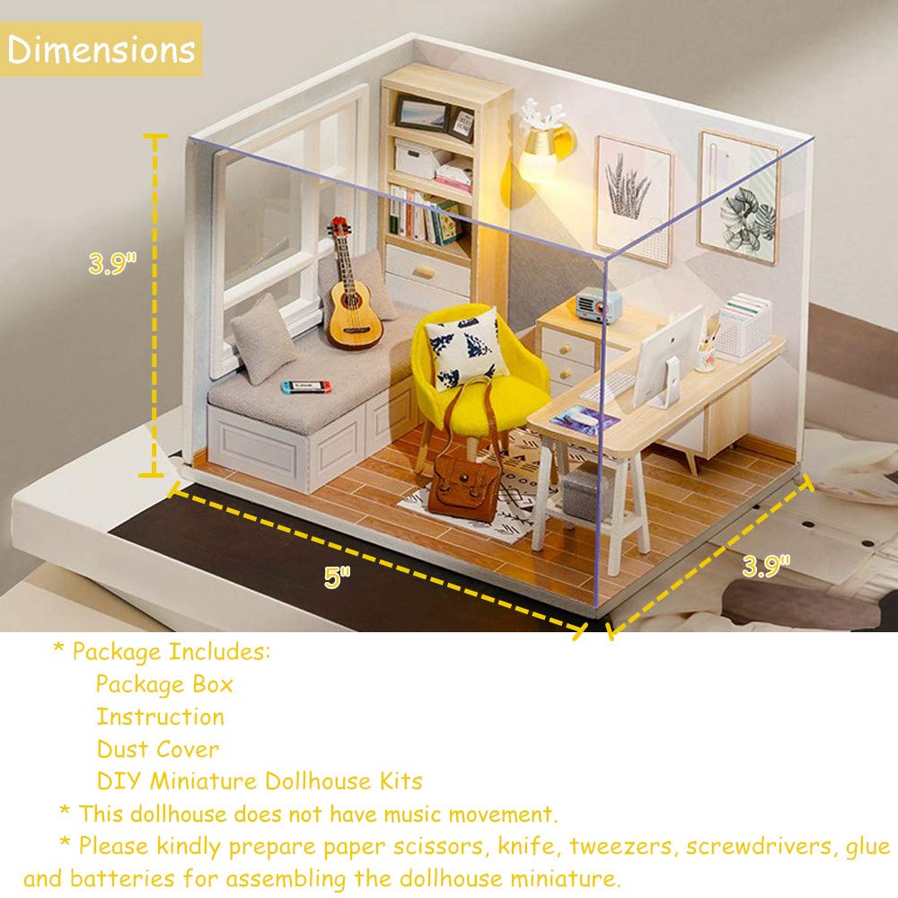 piberagi DIY Miniature Dollhouse Kit, 1:32 Scale Creative Room Mini Wooden Doll House with Furniture Plus Dust Proof for Kids Teens Adults(Study Room)
