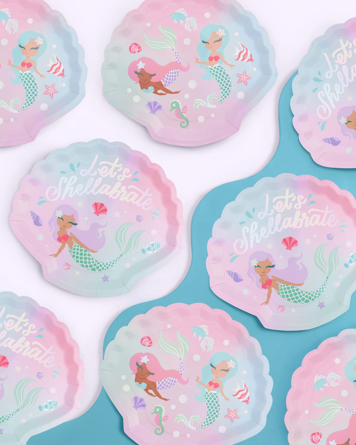 xo, Fetti Mermaid Shell Birthday Plates - 24 pk, 9" | Mermaid Bday Party Supplies, Under The Sea Decorations, Let's Shellabrate Party Favors