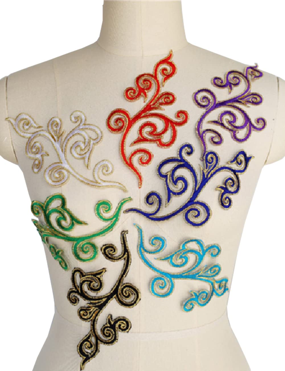 5 Pairs Embroidered Fancy Baroque Applique Swirl Iron on Patches Scroll Badge with Gold Trimming for Wedding Gown Dress Shoe Shirt Borders (Gold)