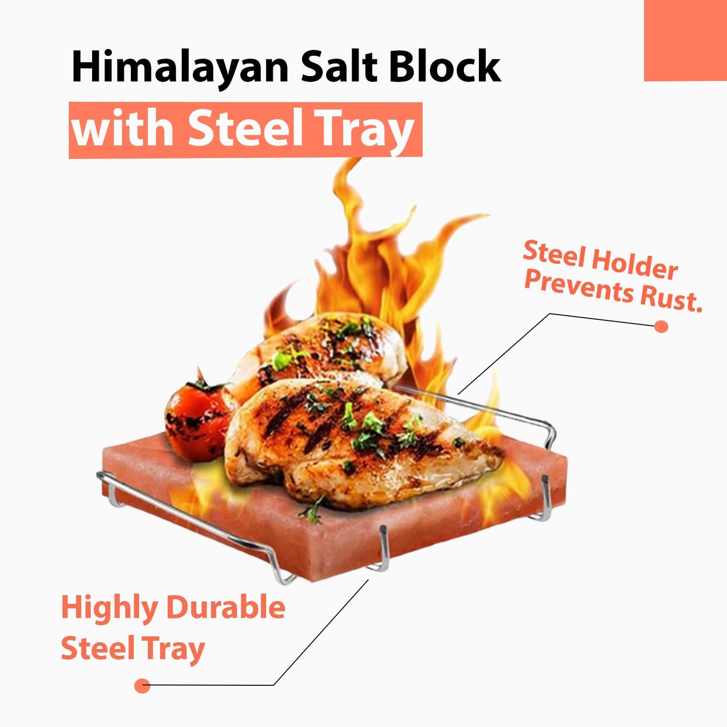 ZK Himalayan Salt Cooking Block 8x8x1” Plate with Steel Tray Holder- Food Grade Rock Salt for Grilling, Cutting, and Serving, Salt Slab a Unique Gift for Men, Women, Chefs & Cooks
