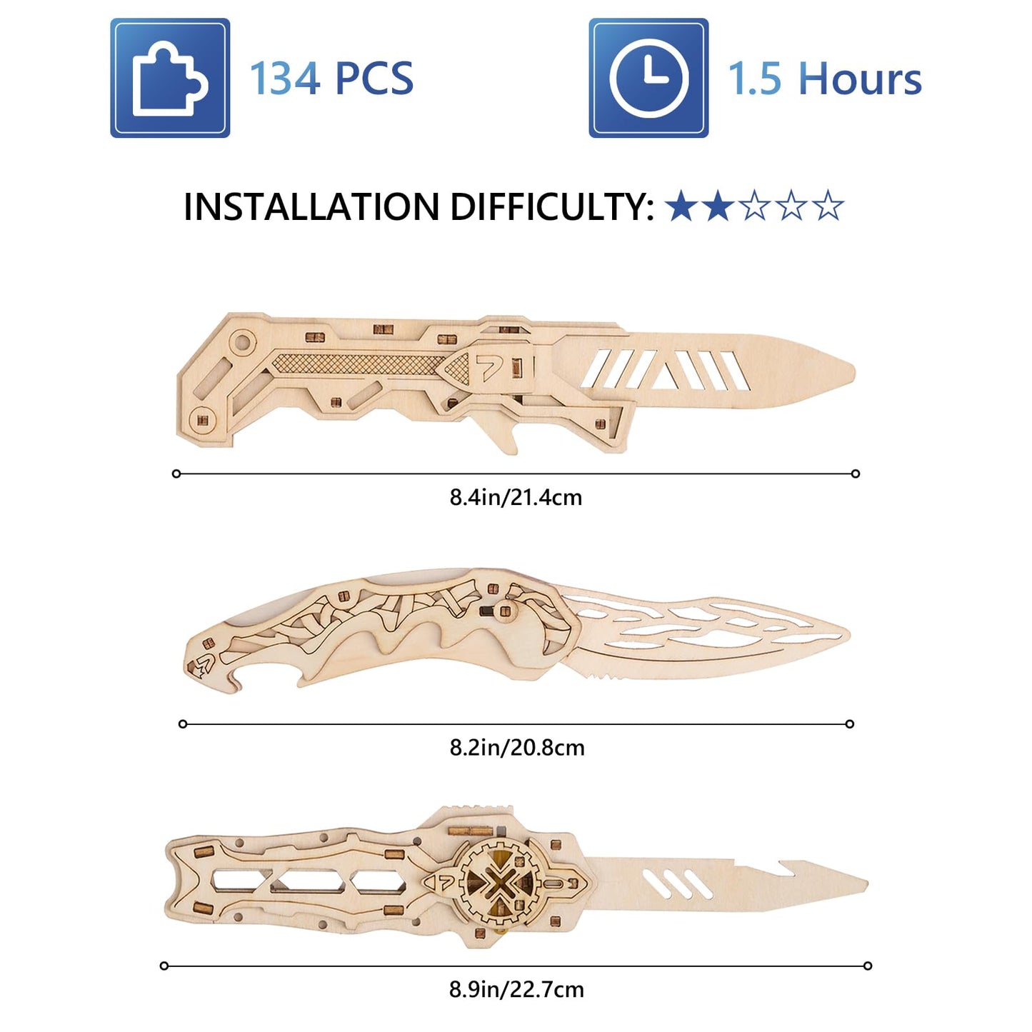 Uplike 3D Wooden Puzzle for Adults: 3-in-1 DIY Wooden Puzzles Knife Kit - 134 Pcs Brain Teaser Mechanical Model Building Toy for Adult Hobby - Wooden Craft Art Unique Gift Idea for Teens Men