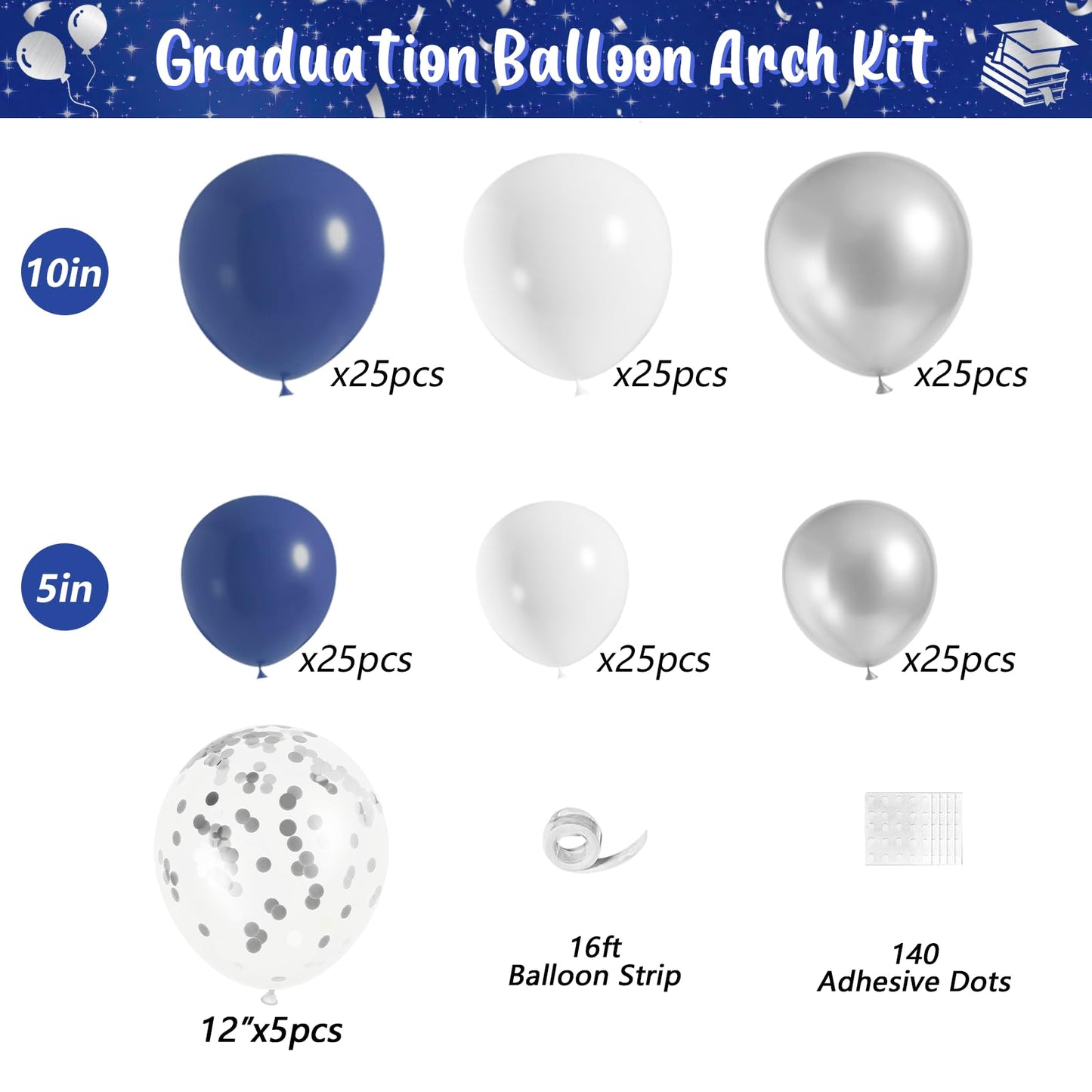 Graduation Balloon Arch Kit 2026, 194pcs Class of 2026 Graduation Decorations, All-in-One Balloon Garland Kit for Graduation Party Backdrop & Photo Booth,Navy Blue Silver Balloons with GRAD Letters