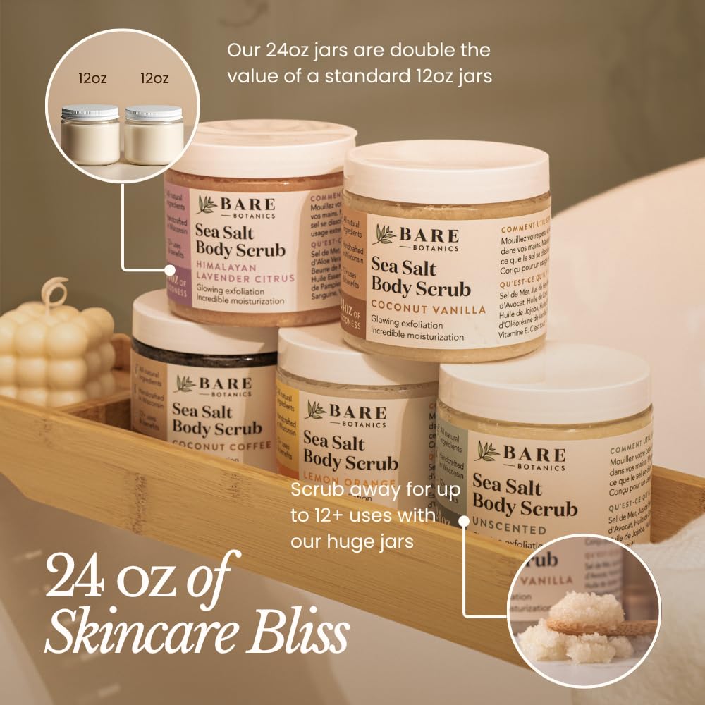 Bare Botanics Body Scrub 24 oz - Naturally Scented Salt Scrub Made in Madison WI - Formulated w/Skin Loving Moisturizers - Cruelty Free Exfoliator w/a Cute Wooden Spoon - Himalayan Lavender Citrus