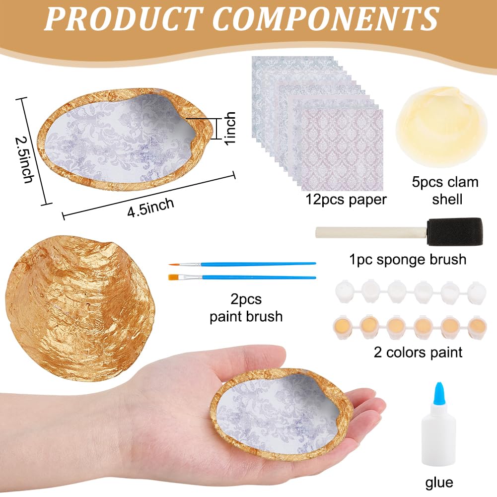 WEBEEDY 5 Sets Oyster Shell Jewelry Dish Kit Ring Holder Tray Trinket Dish with Decoupage Paper Jewelry Organizing Tray Adults Craft Kit for Earrings Rings Bracelet Necklace Storage