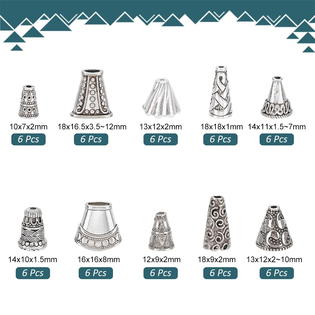 PH PandaHall 60pcs 10 Styles Cone Bead Caps, Tibetan Style Alloy Flower Bead Caps Spacers Tassel End Cap for Earring Necklaces Keychain Pendants Jewelry DIY Crafts Making, Antique Silver