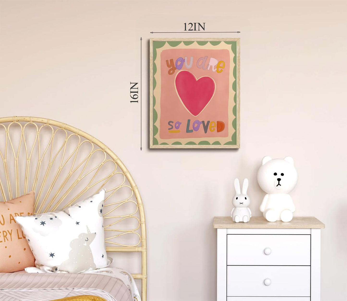 Nursery OAK Framed Wall Art You Are So Loved Canvas Wall Art Hand Drawn Cute Pink Kids Prints Watercolour Alphabet Pictures Playroom Decor for Children Bedroom 12x16