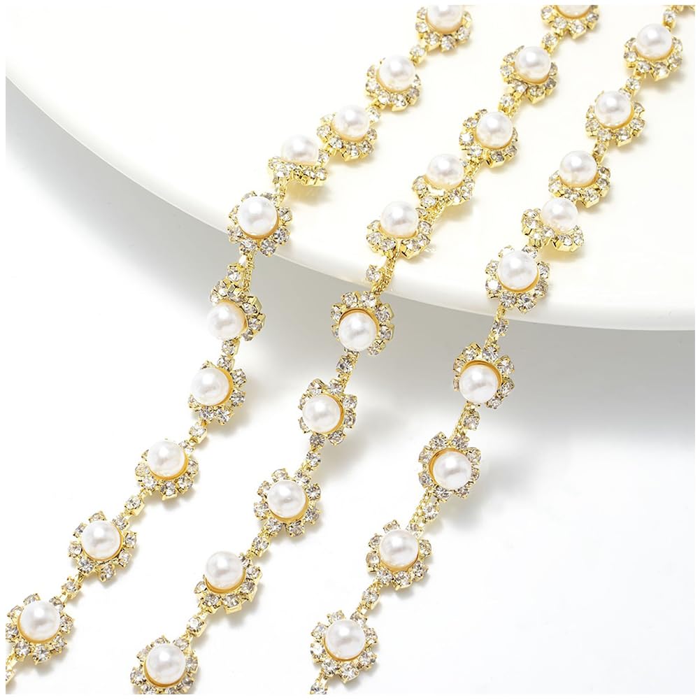FYBownot 1 Yard Rhinestone Pearl Chain Trim, Inlaid Pearl Beaded for DIY Decoration and Bridal Embellishments,for Sewing Crafts Wedding Bridal Party Christmas