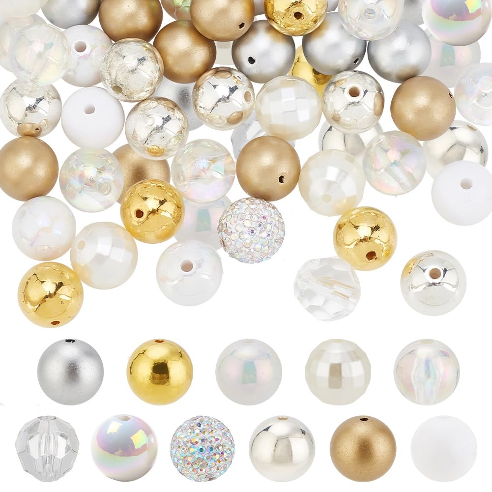 PH PandaHall 102PCS Crystal Bubblegum Beads, 16mm Clear Silver Gold Chunk Bead Acrylic Large Rhinestone Pearl Beads Shiny Round Focal Spacer Bead for Necklace Key Chain Bag