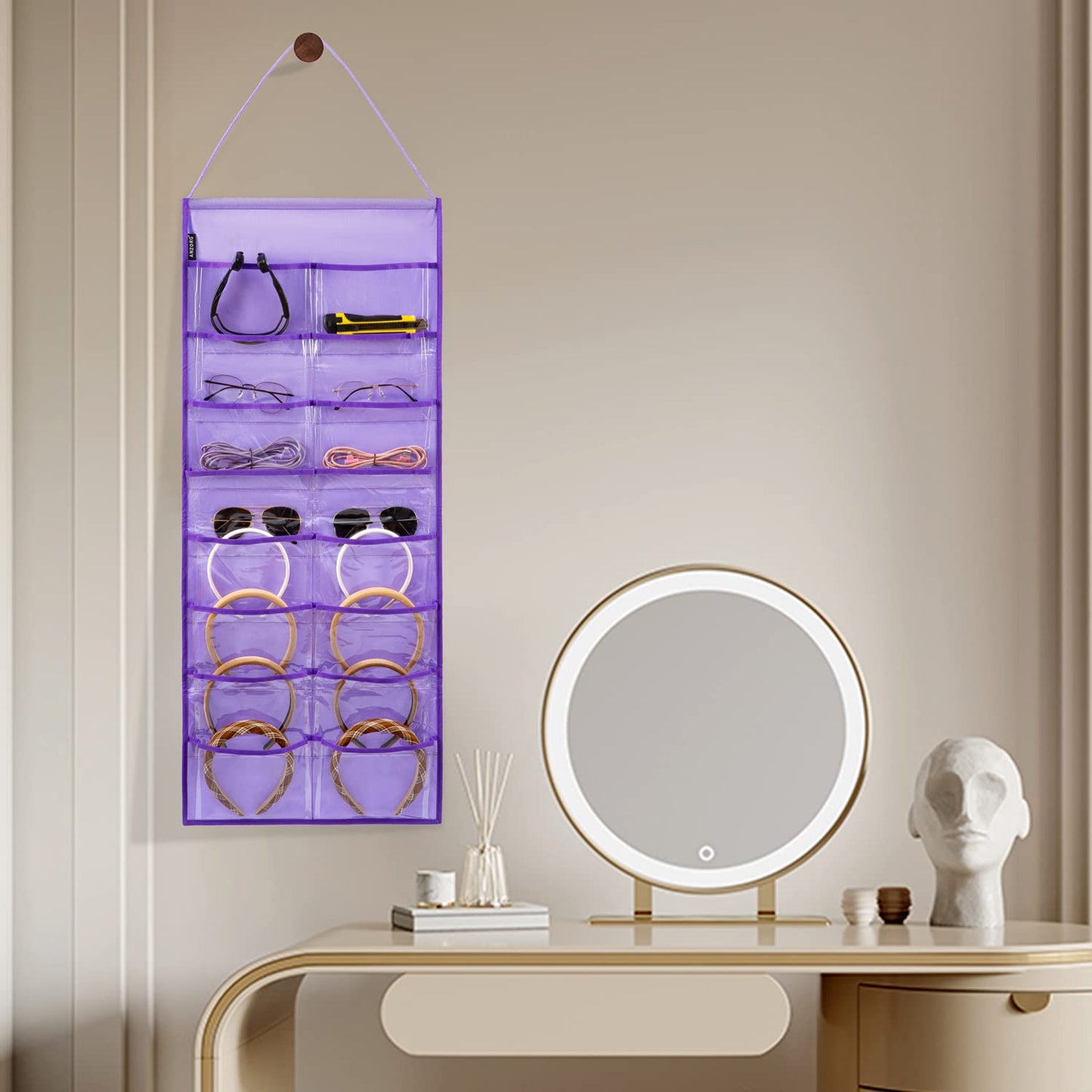 ANZORG Wall Hanging Headband Organizer Ribbon Hair Hoops Storage Hairbands Hair Accessory Holder with Clear Pockets (PURPLE-16 POCKETS)