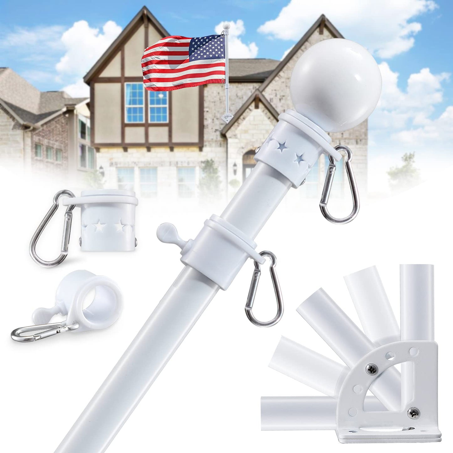 LAKEROD 3x5 Flag Pole Kit - 5ft Tangle Free Flag Pole Holder for Outside House,Heavy Duty Flagpole High Wind Resistant,Metal Flagpoles Residential for Outdoor,Porch,Garage -White