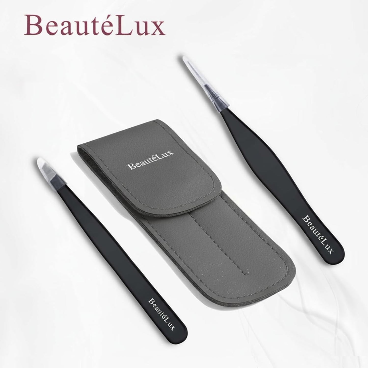 BeautéLux Precision Tweezer Set – Slant & Pointed Tip Stainless Steel Eyebrow Tweezers with Leather Pouch, Professional Hair Removal for Ingrown Hair, Chin, Splinter & Blackhead