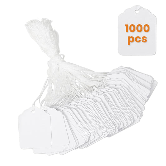 1.8x1.4 Inches Goefun White Price Tags with String 1000 Pcs, 250 GSM Writeable Gift Tags with String for Labeling, Pricing, Hanging, Clothing, Jewelry, Garage/Yard Sale, Inventory