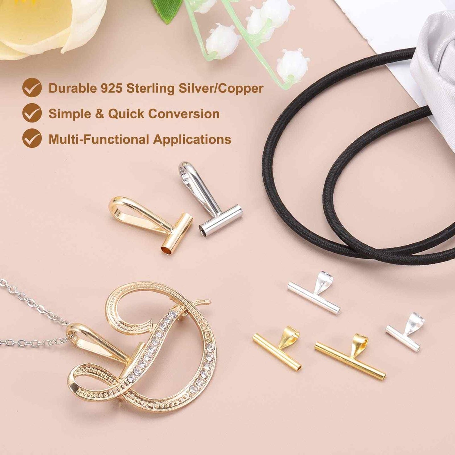 MECCANIXITY 2Pack Sterling Silver Brooch to Pendant Converter, 10mm Pin to Pendant Converters for Jewelry Making DIY Necklace Keychain, Gold