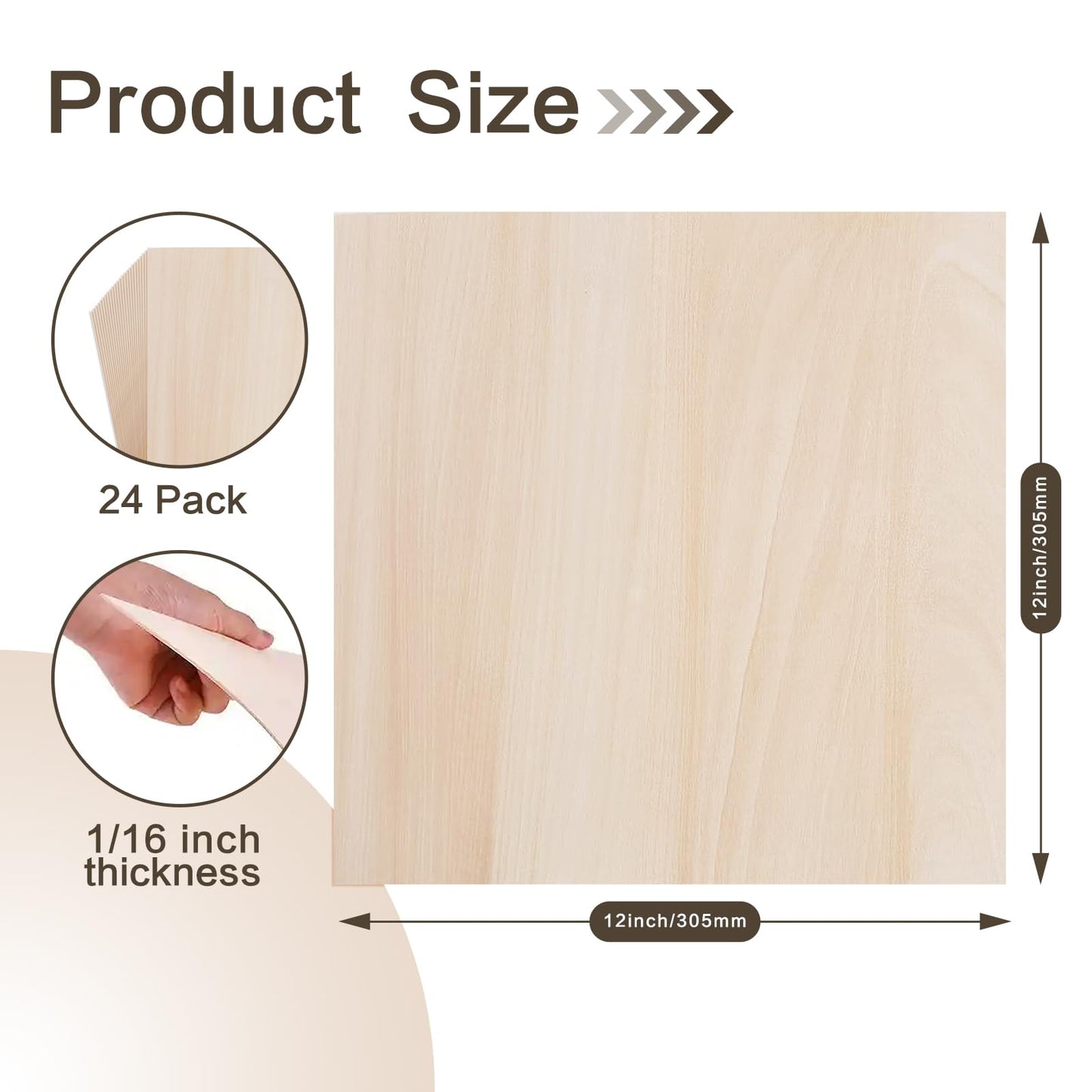 Balsa Wood Sheet, 24 Pack Plywood Sheets, Basswood Sheets 12X12X1/16 Inch, Unfinished Wood Boards Blanks for Laser Cutting, Engraving, Burning, Crafts((H305/17-24)