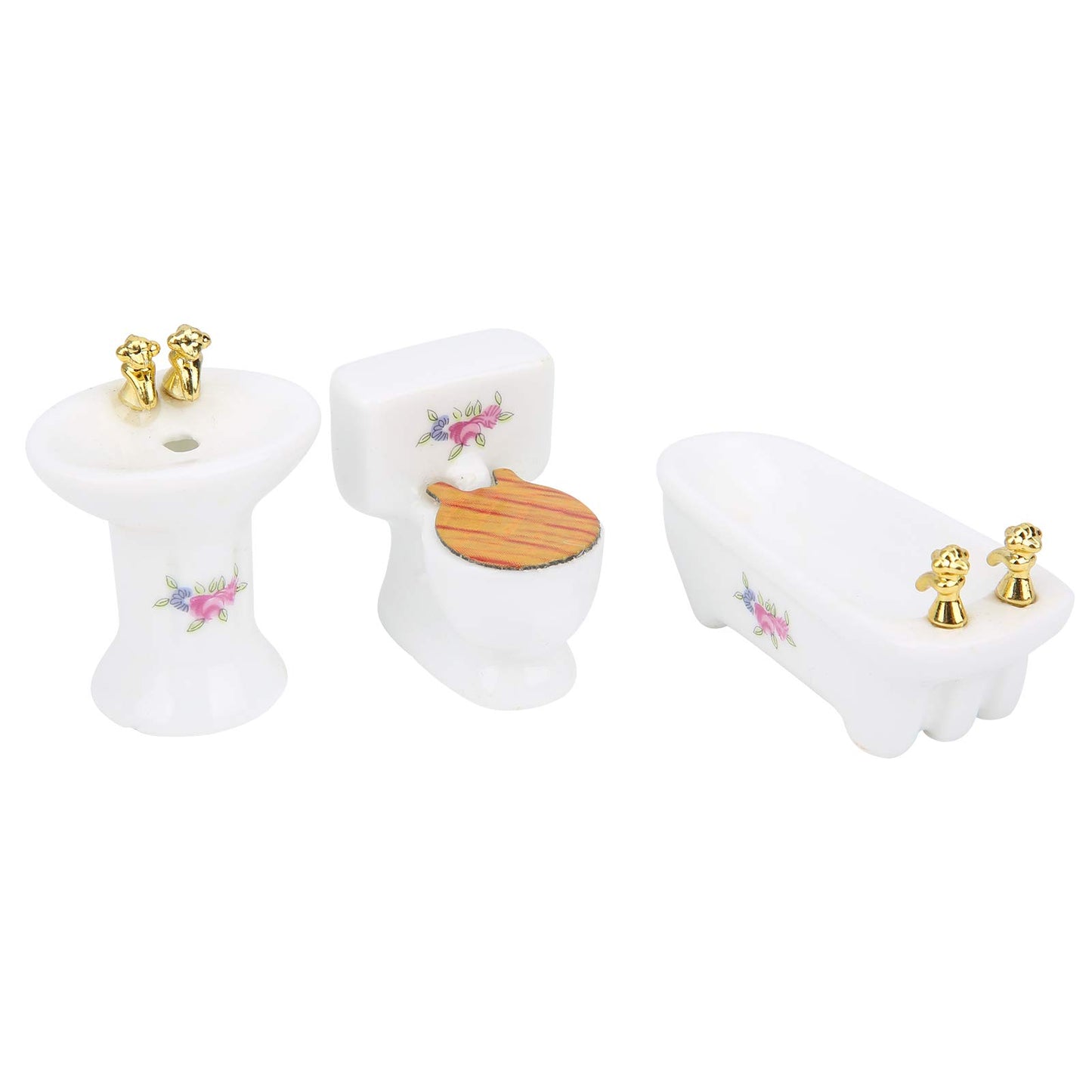 RIZGHWOY 1/24 Dollhouse Miniature Bathroom Set, Ceramic Bathtub Toilet Sink Kit with Exquisite Design, for Doll House Bathroom Scene (Rose)