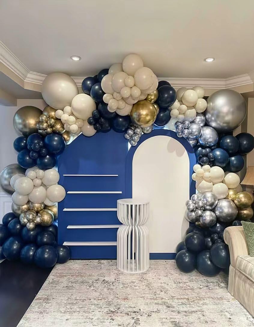 ADOINBY Navy Blue Silver White Balloon Arch Kit, Double Stuffed Pearl Sand White Royal Dark Blue Chrome Silver Confetti Balloons Garland Kit for Birthday Graduation 2026 New Years Party Decoration
