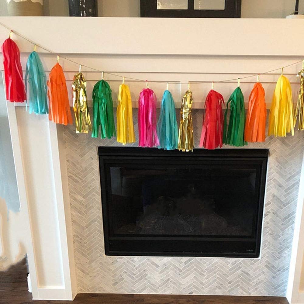 Autupy 35 PCS Green Orange Gold Mylar Tassel Garland Tissue Paper Tassels Banner DIY Kit Baby Shower Fiesta Bachelorette Party Decorations