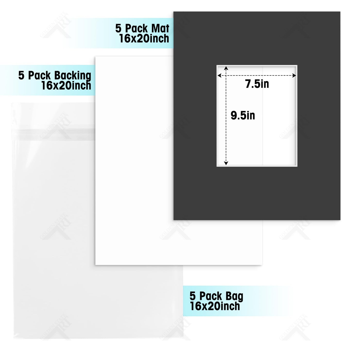 Golden State Art, Acid Free, Pack of 5, 16x20 Black Picture Mats Mattes with White Core Bevel Cut for 8x10 Photo + Backing + Bags