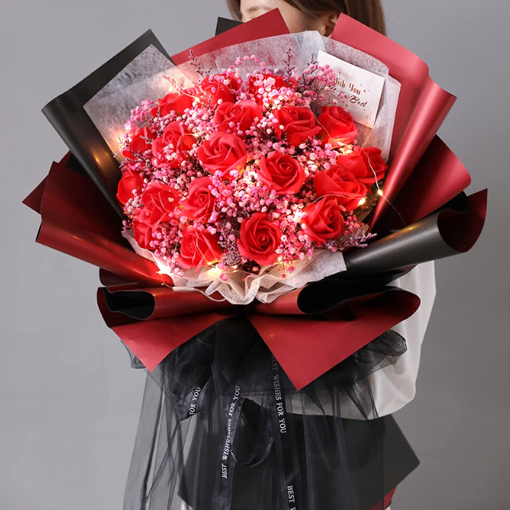 NatureMan 20 Sheets Double-Sided Colors Flower Wrapping Paper,Waterproof Valentine's Day Bouquet Wrapping Paper 22.8x22.8Inch Florist Supplies(Black+Wine red)