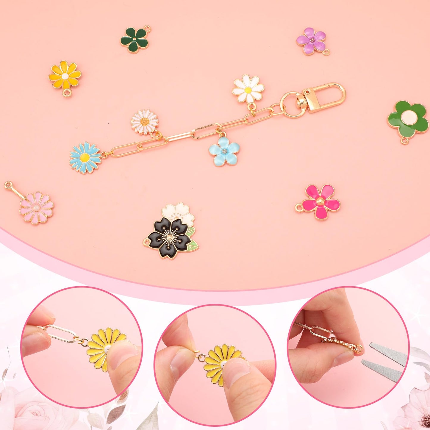 Tondiamo 266 Pieces Flower DIY Gold Keychain Making Kit Floral Daisy Bag Charm Jewelry Making Sunflower Ornaments Bulk for Key Ring Art Adults Women Bag Gift