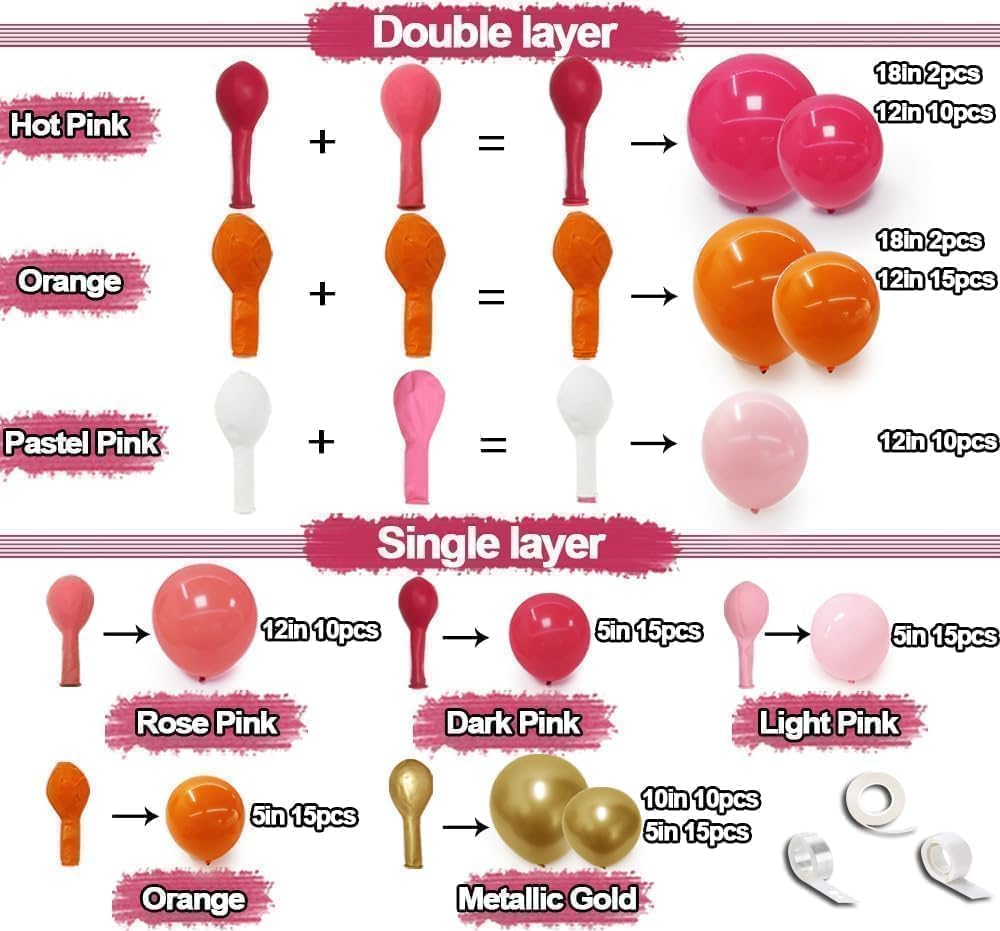 Pink Orange Balloon Garland Double Stuffed Hot Pink Orange Gold Metallic Pastel Balloon Arch Kit for Birthday Baby Bridal Shower Wedding Summer Tropical Graduation Party Decorations