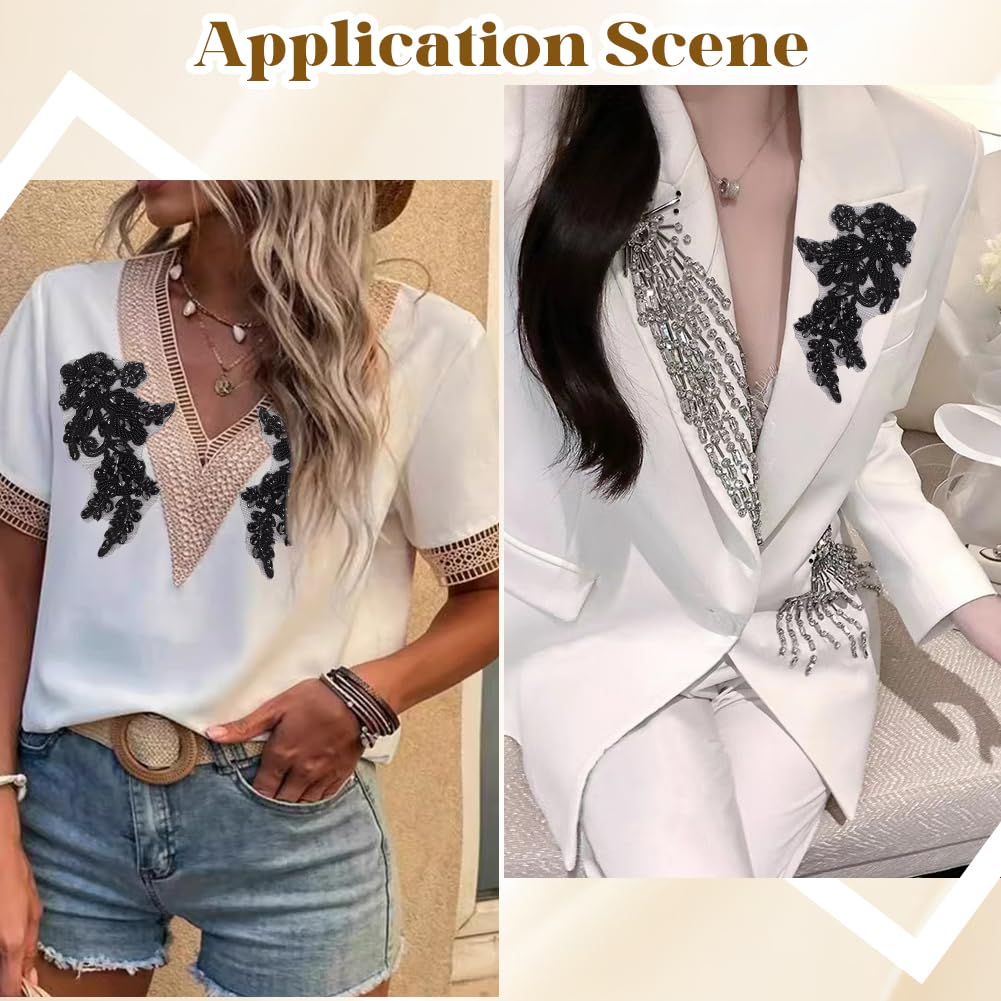 CABODYALS 2Pcs Black Floral Rhinestone Applique Handmade 3D Flower Pearl Beaded Lace Trim Appliques Crystal Bead Embroidery Sew on Tulle Pathes for Sewing Making Dresses Bridal Wedding Gowns Clothes