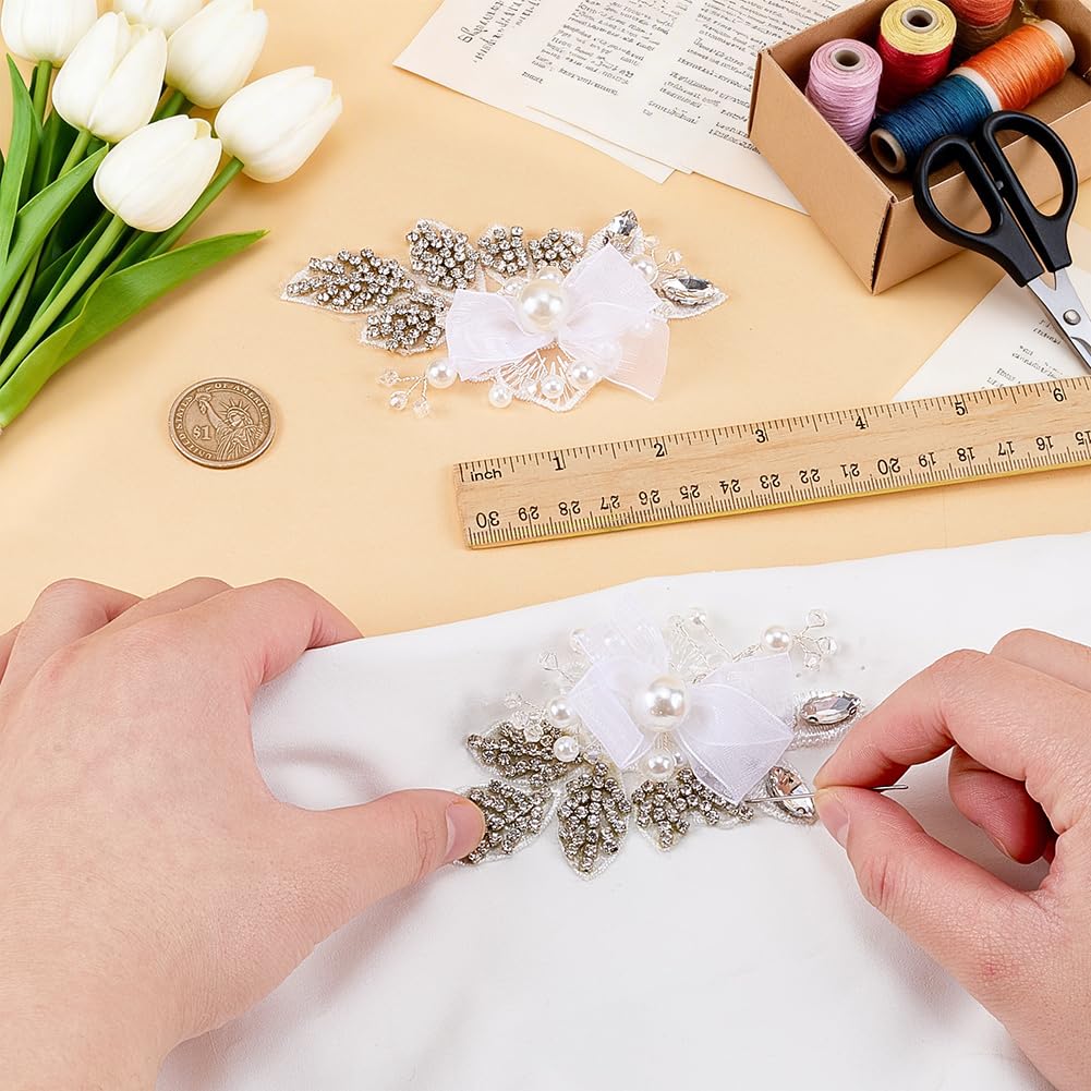 FINGERINSPIRE 1 Pair 4.4x2.5x0.5inch White Pearl Beaded Applique Rhinestone Flower Patch DIY Crafts Wedding Dress Embellishment for Bridal Hair Comb Decoration White Floral Sew On Decoration