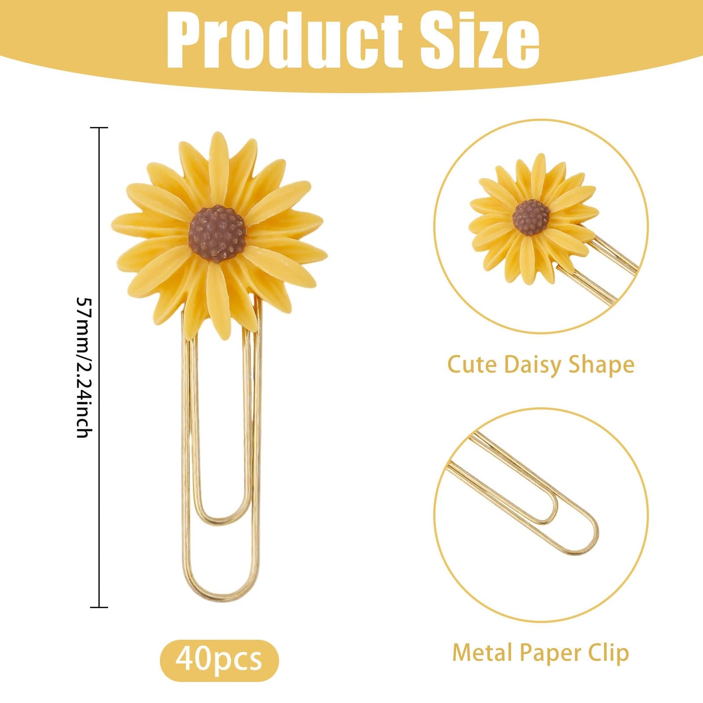CONCHLERY 40 Pcs Daisy Flower Paper Clips Bookmark Paperclips Bookmark with Resin Flower Note Clips Book Markers for Office Home Bookworm Use, Golden