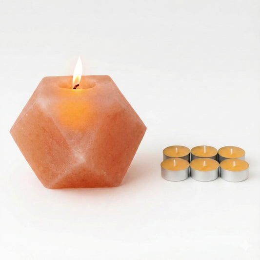 Himalayan Natural Salt Candle Holder – Premium Diamond Design, Hand-Carved Crystal, Includes 6 Tea Light Candles, Nice Glow for Home Décor, Meditation, Spa & Gifts