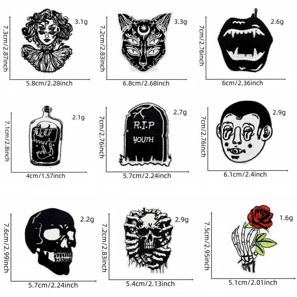 20 PCS Goth Iron On Patches Gothic Punk Cool Skull Rose Sew On Applique Embroidered Patches for Backpacks Pants Clothes Jeans Vests DIY Decoration Bags Hat Jackets Coat Uniforms Dress